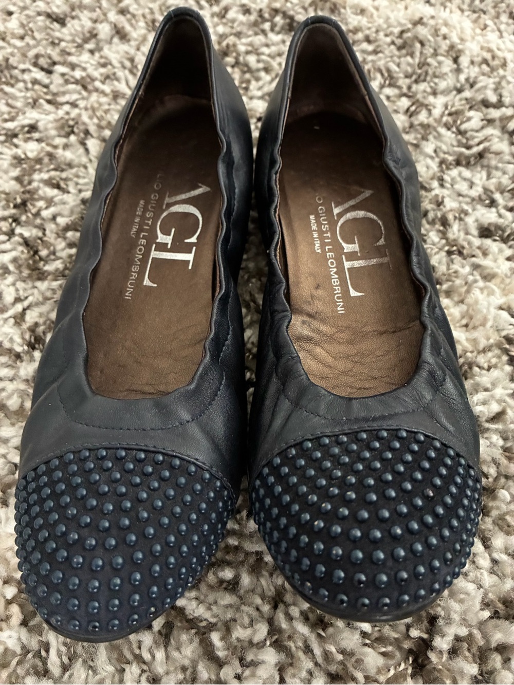 AUTHENTIC AGL Navy Leather Studded Cap-Toe Ballet Flats
